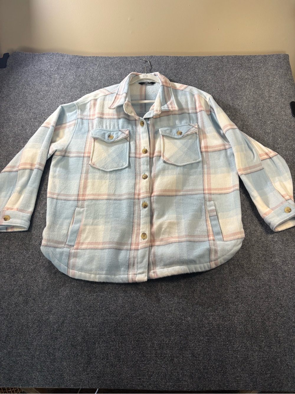 Womens Pastel Plaid Shacket Jacket - Light Blue, Pink & Cream. Size XXL